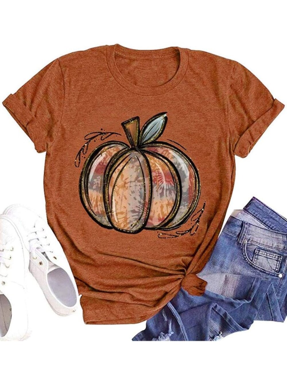 🆕 Women's Orange Tie Dye Pumpkin Halloween Graphic Tee Short Sleeve Shirt